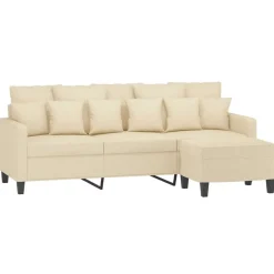 vidaXL 3-personers sofa med fodskammel 180 cm stof Cremefarvet