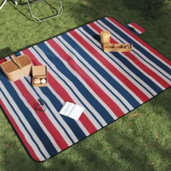 vidaXL picnictæppe 200x150 cm foldbart fløjl stribet rød og blå