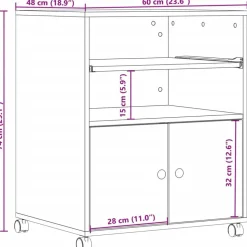 vidaXL printerstativ med hjul 60x48x74 cm grå sonoma-eg
