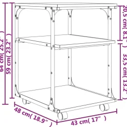 vidaXL printerstativ 43x48x64 cm 3 hylder konstrueret træ røget sonoma
