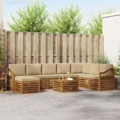 vidaXL Sektionalsofa sæt 9 pcs Naturlig og Beige Massivt Akacietræ