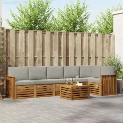 vidaXL Sektionalsofa sæt 7 pcs Naturlig og Lys Grå Massivt Akacietræ