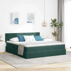 vidaXL Seng med LED-lysstrimler Mørkegrøn 180 x 200 cm Fløjl