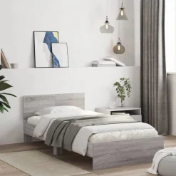 vidaXL sengeramme med sengegavl og LED-lys 100x200 cm grå sonoma-eg