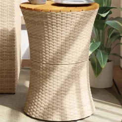 vidaXL sidebord trommeformet polyrattan og massivt træ beige