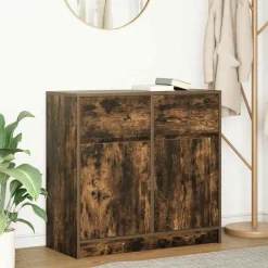 vidaXL skænk med skuffe 80x34x76 cm konstrueret træ røget egetræ