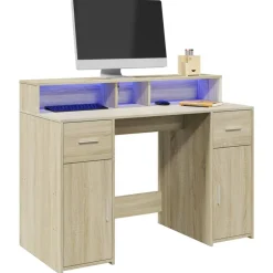 vidaXL skrivebord med LED-lys 120x55x91 cm konstrueret træ sonoma-eg