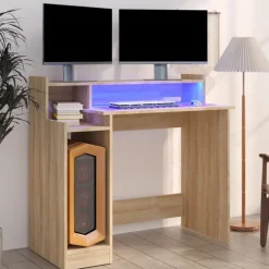 vidaXL skrivebord med LED-lys 97x45x90 cm konstrueret træ sonoma-eg