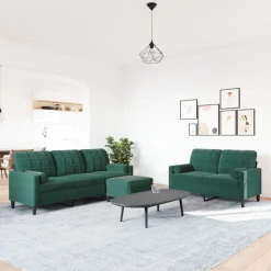 vidaXL sofasæt 3 dele med hynder og bolsterpuder velour mørkegrøn