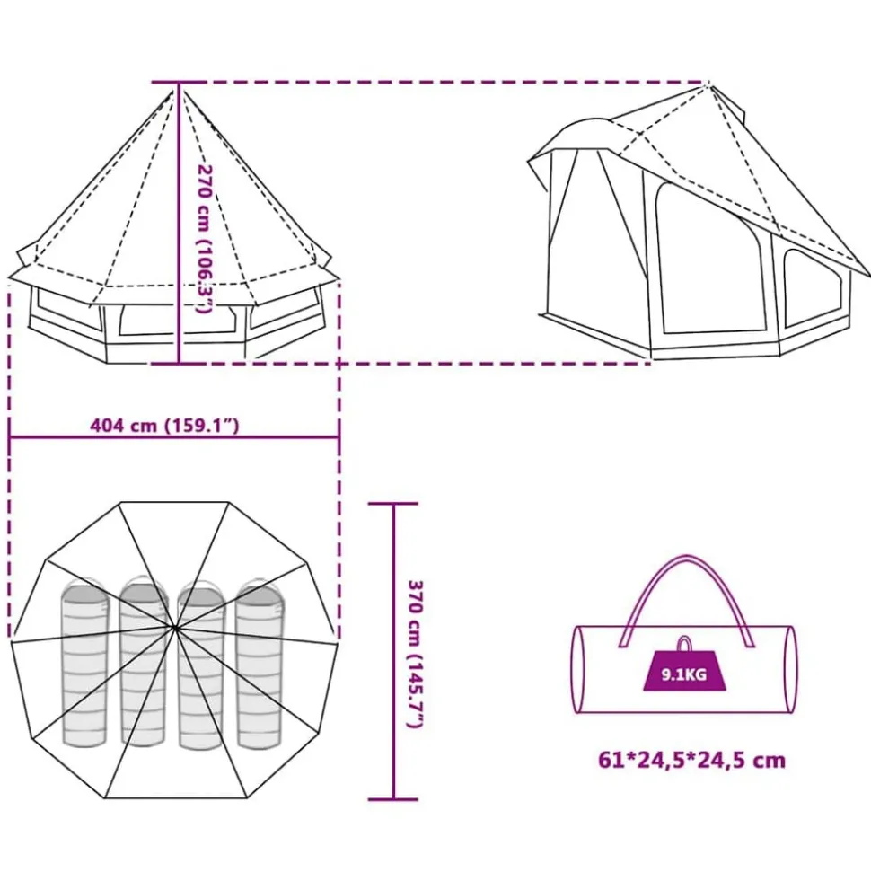 vidaXL Tipi telt med tag med opbevaring Grøn 404 x 370 x 270 cm taft