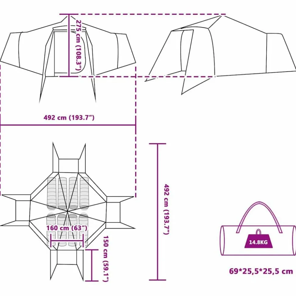 vidaXL Tipi telt med tag med opbevaring Grøn 492 x 492 x 275 cm taft