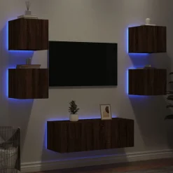 vidaXL tv-møbel til væg 6 dele med LED-lys konstrueret træ brunt eg