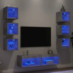 vidaXL tv-møbel til væg 8 dele med LED-lys konstrueret træ betongrå