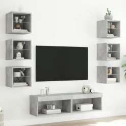 vidaXL tv-møbel til væg 8 dele med LED-lys konstrueret træ betongrå