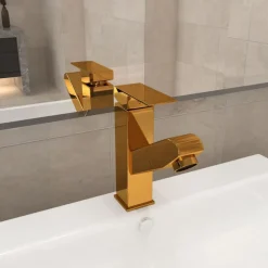 vidaXL vandhane m. udtræksfunktion til badeværelsesvask 157x172 mm guld