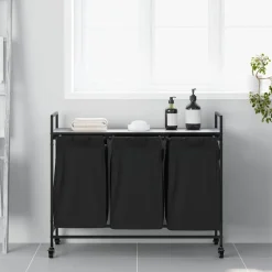 vidaXL vasketøjskurv 3 rum med hjul grå sonoma-eg