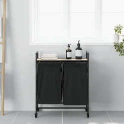 vidaXL vasketøjskurv 2 rum med hjul sonoma-eg