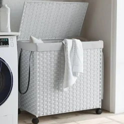 vidaXL vasketøjskurv med hjul 60x35x60,5 cm rattan hvid