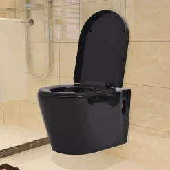 vidaXL væghængt toilet med skjult cisterne keramisk sort