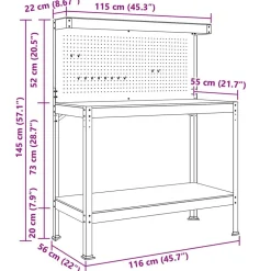vidaXL Værksted med hylde Sort 114 x 54 x 145 cm Samlet træ og metal